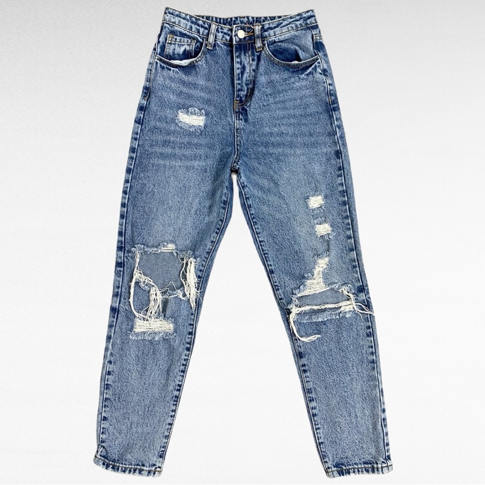 SHEIN | Blue Wash Denim High Rise Distressed Ripped Grunge Jeans XS